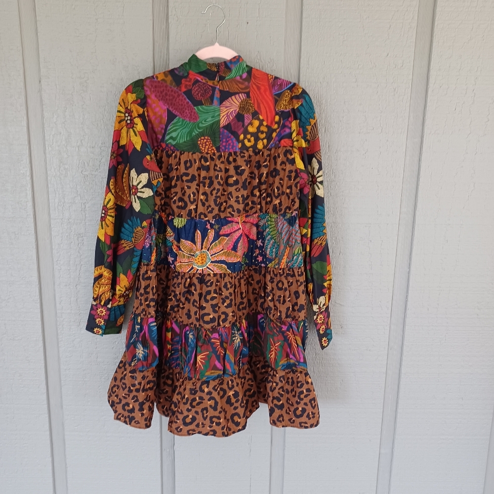 Farm Rio Mixed Black Print Mini Dress Size S Women Cotton Floral Leopard Tiered - Picture 6 of 14